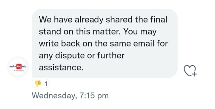 RaphaelSheethal's tweet photo. Day 5: @deepkalra @Rajesh_Magow 
MMT confirmed they'll revert back. But we haven't heard anything since. They have been nothing but rude here. They're not even trying to  give a call back. Escalating the issue. A lot of my money is at stake here. We're looking for a workaround. https://t.co/ldtiRka8cS