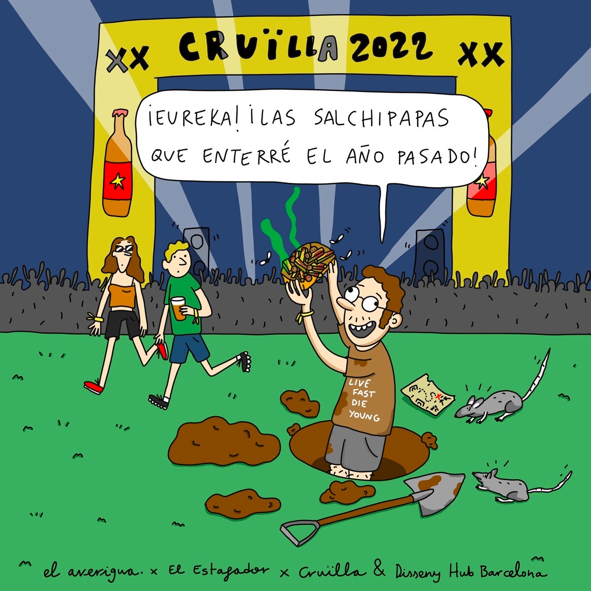 elestafador's tweet photo. Con tal de no esperar colas para llenar el buche, hay gente que hace lo que sea. Nos vemos escarbando en el @cruillabcn #Cruïlla2022 #CosasquepasanenelCruïlla https://t.co/C3AFHzpcYj