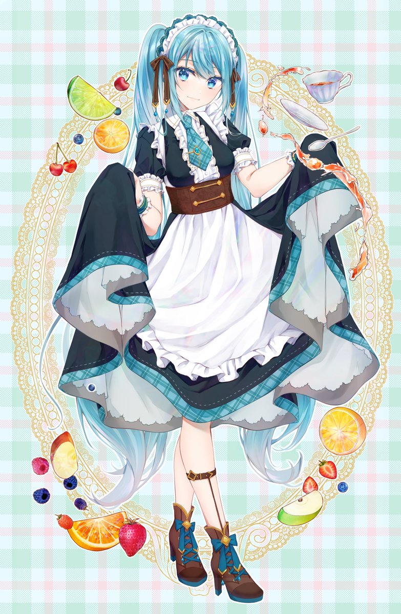 hatsune miku 1girl solo fruit maid headdress long hair cup twintails  illustration images