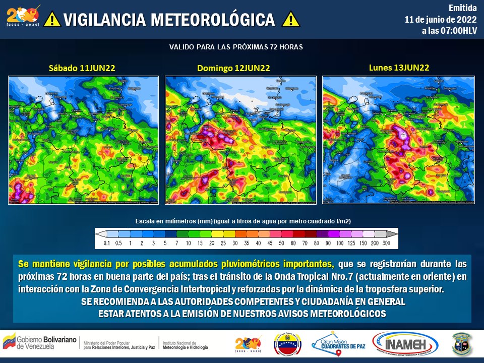 INAMEH's tweet photo. #11Jun #INAMEHInforma Vigilancia Meteorológica emitida por posibles acumulados pluviométricos importantes en gran parte del territorio nacional, durante las próximas 72 horas #FelizSábado https://t.co/NfdfH87teR