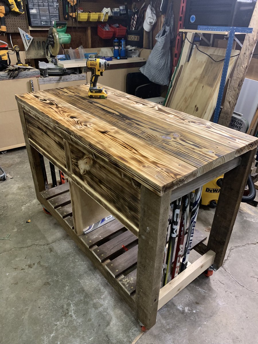 JoeNutSakic's tweet photo. I sometimes build custom furniture. For this piece, I salvaged old hockey &amp; goalie sticks to make a custom, moving workbench. It was one of the more fun projects I’ve completed. Very cool. 
#hockey #diy #woodworking #custom #workbench #garage #craftsman #HockeyTwitter https://t.co/EKIyzh2BbS