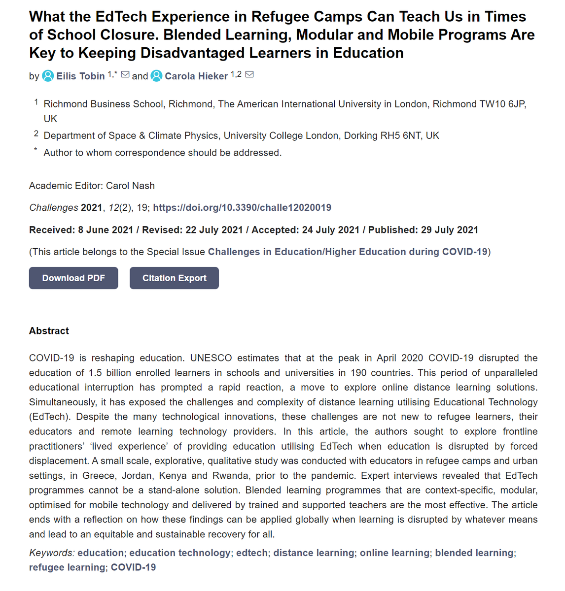 #edtech could be the main piece in the puzzle to solve #refugees' #educational problems. Yet, prioritizing teachers' training to facilitate learning should not be ignored. Here is a study by Eilis Tobin and Carola Hieker exploring the topic. mdpi.com/1209382
