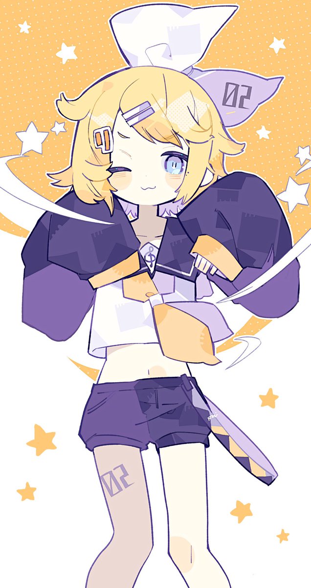 kagamine rin 1girl blonde hair solo hair ornament one eye closed shorts hairclip  illustration images