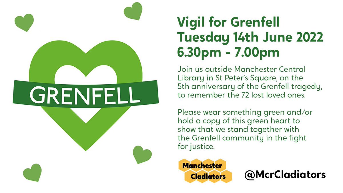 We will be holding a vigil on Tuesday to mark the 5th anniversary of the Grenfell tragedy.  

📅 Tuesday 14 June
⏰ 6:30pm - 7:00pm
📌 St Peter’s Sq
💚 Wear or carry something green

#UnitedForGrenfell