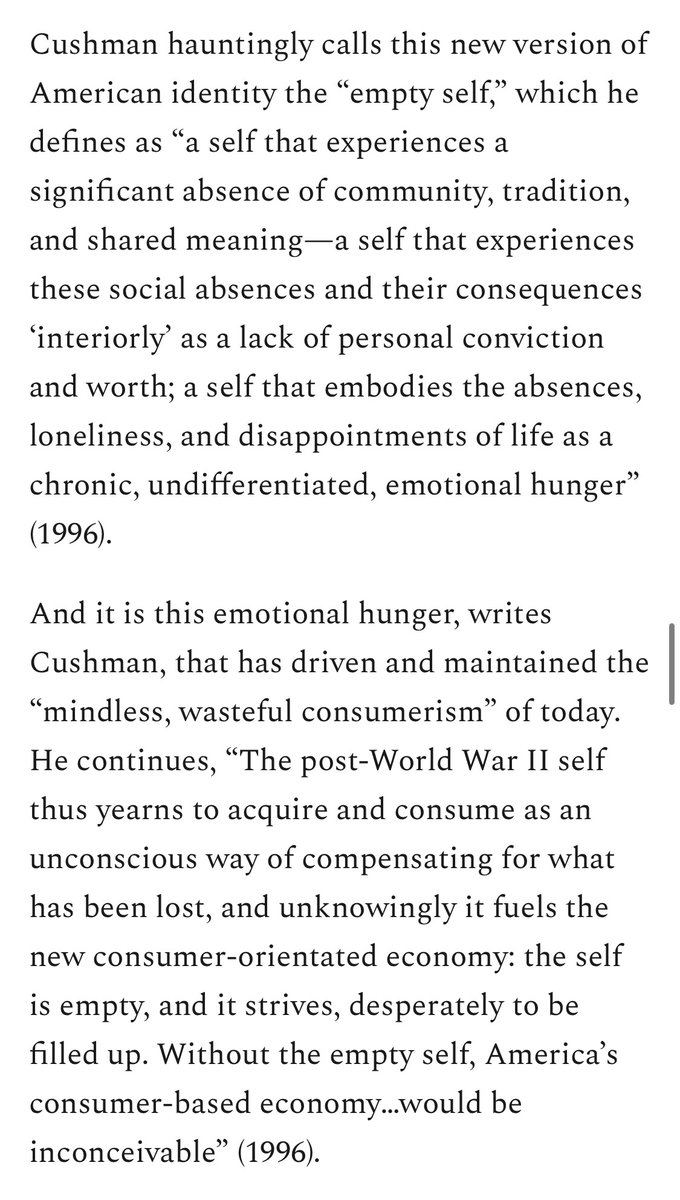 thejessicadore's tweet image. Offering: June 11, 2022. The empty self. 

Which is a self that “experiences a significant absence of community, tradition, &amp;amp; shared meaning…that experiences these social absences &amp;amp; their consequences ‘interiorly’ as a lack of personal conviction &amp;amp; worth…” (Cushman, 1996).
