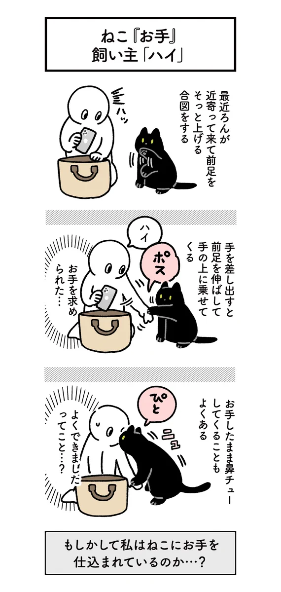 お手を教えてくれている？愛猫とのあるやり取りを描いた、読んでいてほっこりしちゃう猫漫画！