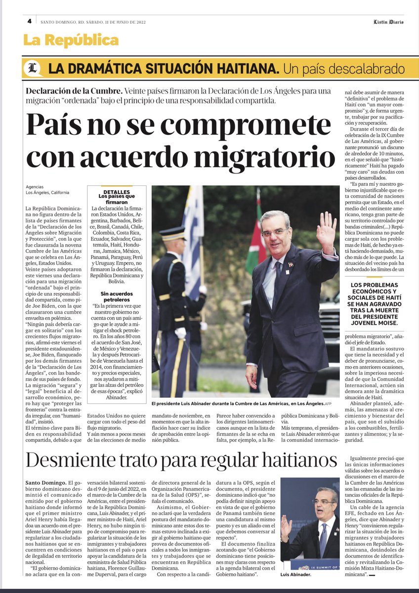 Brillante!! Pte.<a href="/luisabinader/">Luis Abinader</a>: 1)Reclamó enérgicamente a CI ir a pacificar/estabilizar Haití;2)Proclamó defenderemos nuestra frontera frente a tal amenaza seguridad nacional;3)Desmintió engañifa de haitianos sobre“regularización”4)Esquivó firma“pacto migratorio”que no conocemos👇