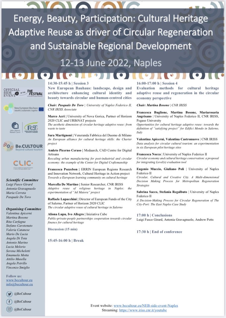 🔜Online the full programme of the the International Conference in #Naples on #Energy #Beauty #Participation 13 June ⏰ 9:45-17:30 CET! 🙌🏻 Side event of #NewEuropeanBauhaus #festival #CircularEconomy #CulturalHeritage #CulturalTourism 👉online streaming iriss.cnr.it/youtube