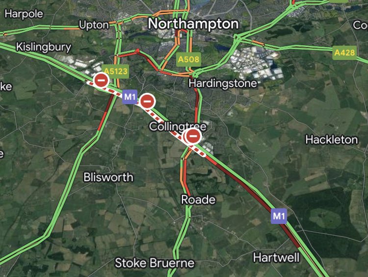 ⚠️ ⛔️The M1 northbound full closure between J15 and J15a is causing long delays on the approach to the closure as well as queues &amp; gridlock on the A45 and Mere Way down to Hunsbury Meadows.

It’s not due to re-open until 6am on Monday 13/06.