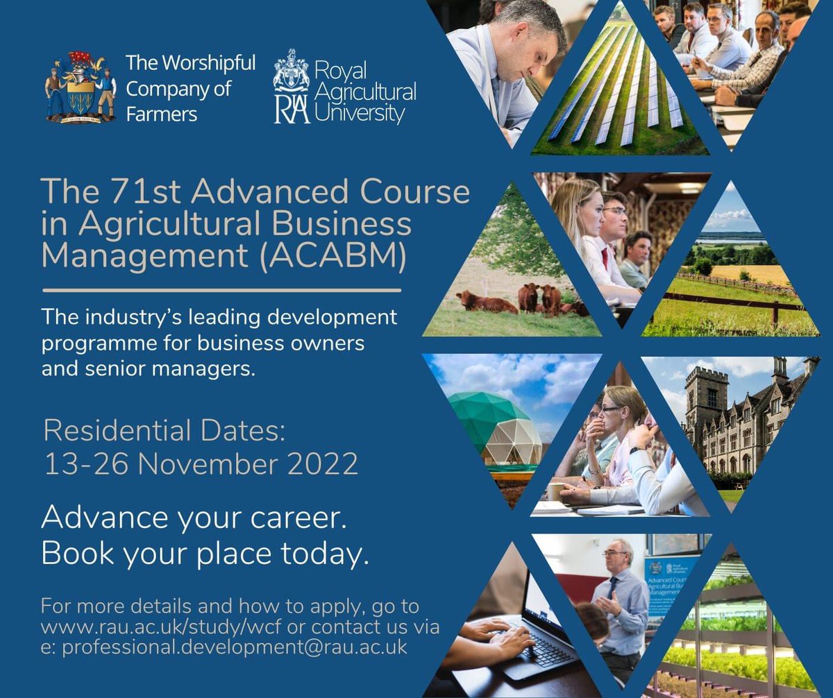 Reminder applications close 30 June for <a href="/FarmersCompany/">The Farmers Company</a> 71st ACABM #ACABM22. If you know someone - time to talk to them about it! Residential course in November at <a href="/RoyalAgUni/">Royal Agricultural University</a>. Information: rau.ac.uk/study/wcf #agribusinesseducation #agcontinueddevelopment #nowmorethanever