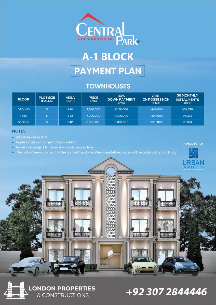 Central Park Housing Scheme Launches 5 Marla Town Houses/Apartment on 3 Year Installments in A1 Block.
Monthly Installment
Ground Floor = 100,556
1st Floor = 97,222
2nd Floor = 95,694
Best Opportunity for investment
Ph: +92 307 2844 446
.
.
#houseforsale #houseoninstallment