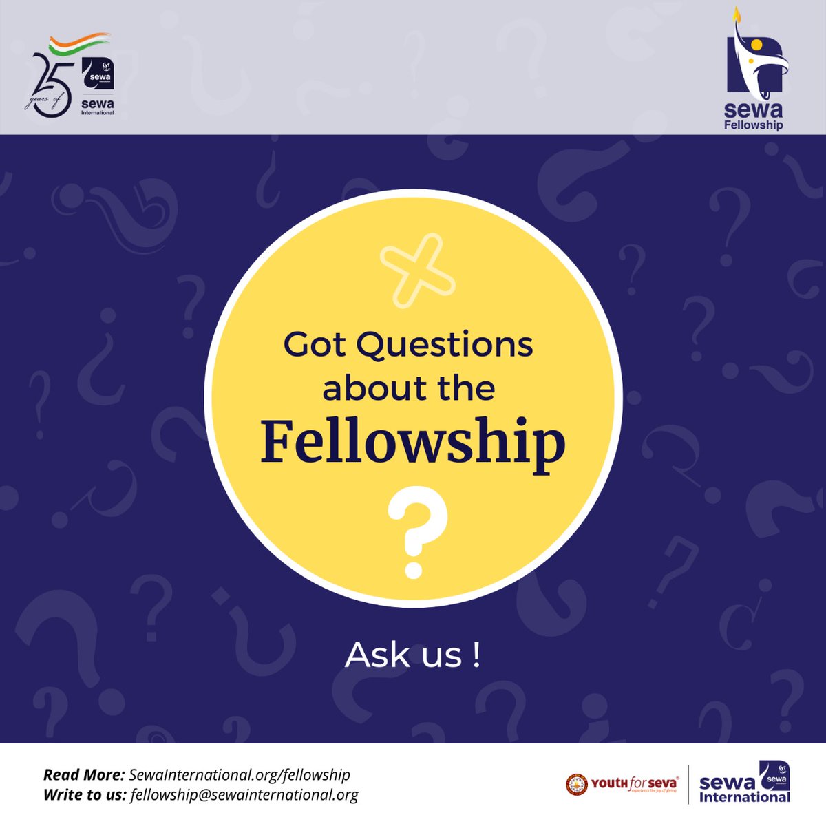 Sewa_Intl's tweet photo. Do you have any queries about the Sewa fellowship?

If Yes… We are happy to answer any questions you may have!

Write them in the comments section and we will get them answered.

#SewaFellowship #SocialImpact #ImpactingLives #BuildingBharat #SocialWork #Fellowship #25YearsOfSewa https://t.co/ZwBkw0dOZX