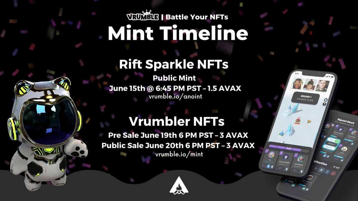 THINGS YOU NEED TO KNOW:  Vrumble is the Olympic Games of NFTs where anyone can 'anoint' an NFT from any blockchain and battle it in our mini-games, tourneys, climb leaderboards, and win crypto prizes. vrumble.io

Mint Dates are set!

This 🧵has LOTS of details ⬇️⬇️