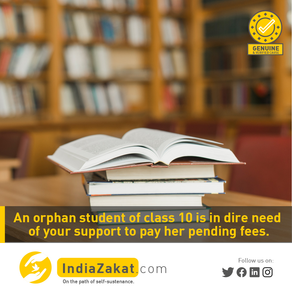 Sister Zara lost both of her parents when she was a child. Her brother finds it difficult to balance the educational costs with family finances, that is why her previous year's fees are also pending. Hence, she is requesting our support to pay the fees.

indiazakat.com/campaign/9129