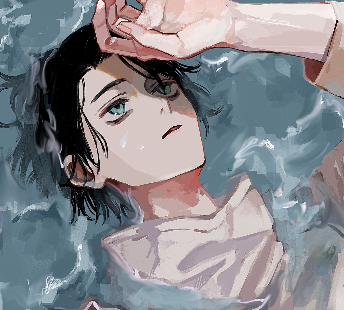1boy male focus black hair solo bags under eyes water short hair  illustration images