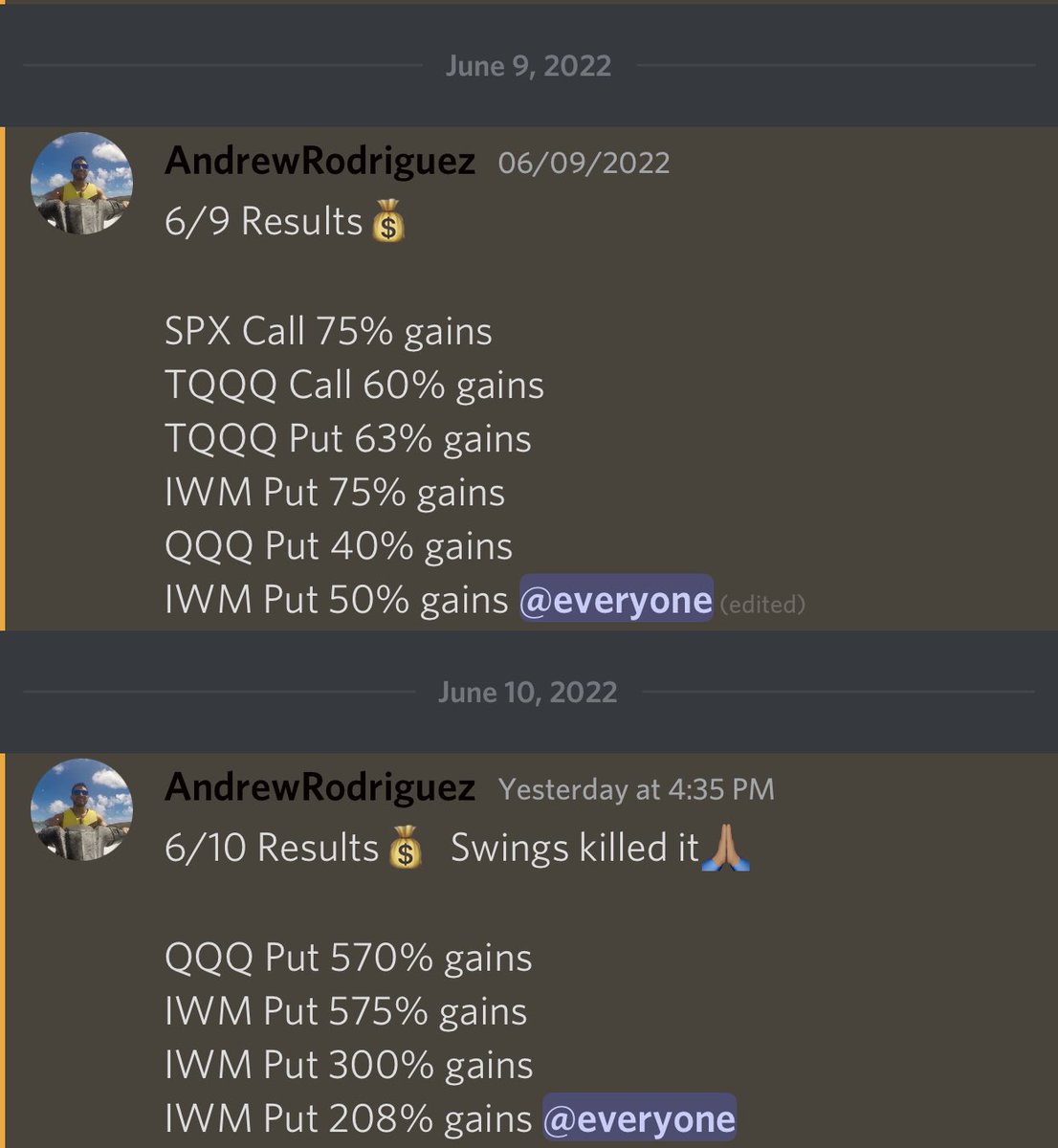 Andrew_Trades_'s tweet photo. 6/9 and 6/10 Discord Results💰
-
Perfect end to the week💰👏🏽 $SPY $QQQ $IWM https://t.co/Hog0xyMJi9