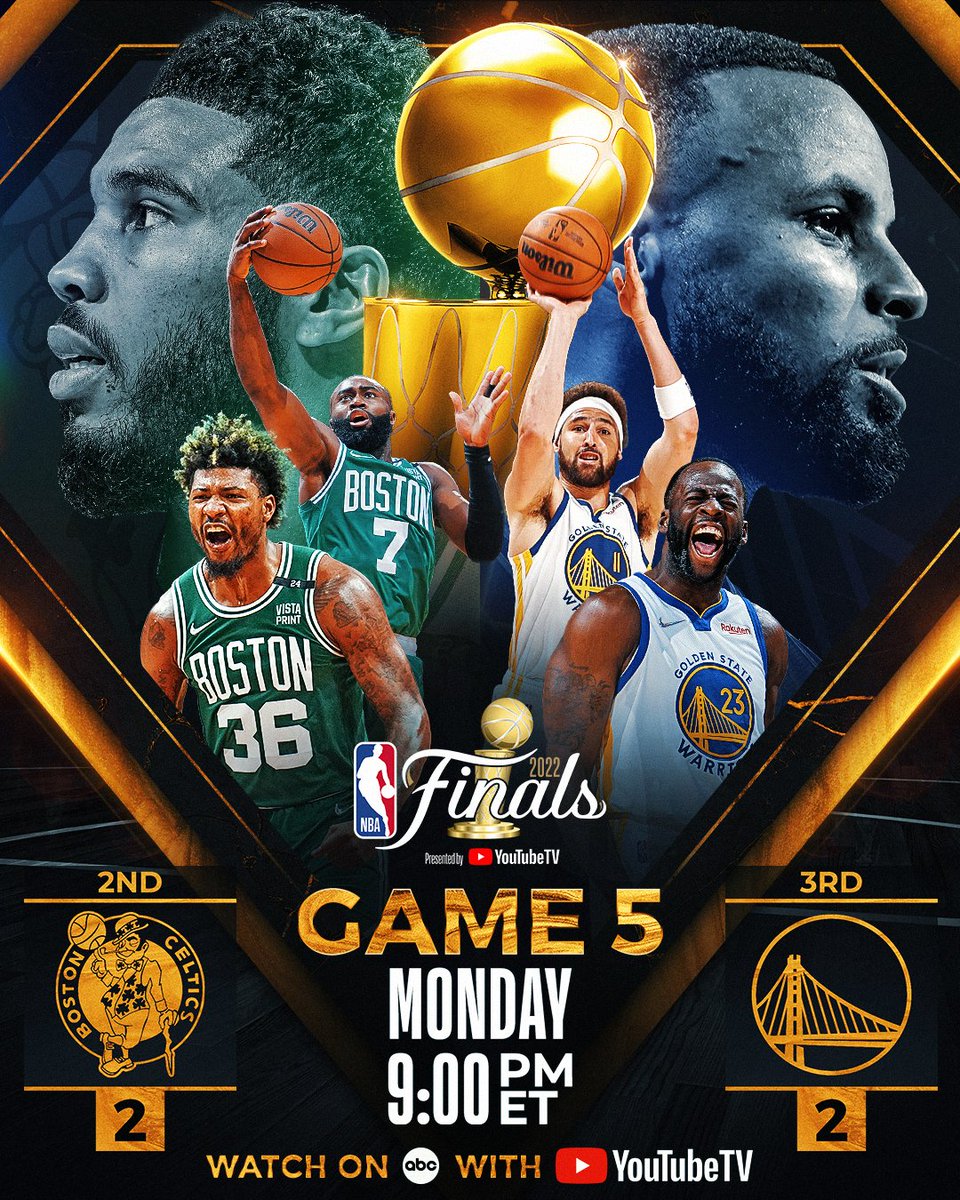 NBA's tweet photo. First to 4 Wins.

The series shifts back to The Bay all tied up!

Game 5: @celtics (2-2) @warriors 
🏀 Mon. 9:00pm/et on ABC 

#NBAFinals presented by @YouTubeTV 🏆 https://t.co/5HaoU10CMO