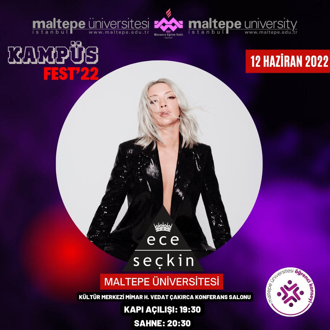 MauKonseyi's tweet photo. KampüsFest’22 konserimiz; @EceSeckinCom 
🗓12 HAZİRAN PAZAR
📍Kültür Merkezi Mimar H. Vedat Çakırca Konferans Salonu (Hava şartları nedeniyle) 
⏰ Kapı Açılışı: 19:30 / Sahne: 20:30 
Gel ve Festivalini güzelleştir 🎉

Katılım ücretsizdir.

#KampüsFest22 
#MaltepeÜniversitesi https://t.co/gqxHQ38TXx