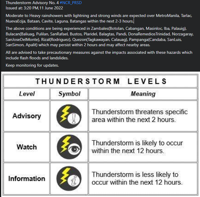dost_pagasa's tweet photo. Thunderstorm Advisory No. 4 #NCR_PRSD
Issued at: 3:20 PM,11 June 2022 https://t.co/m4U14BQ84m