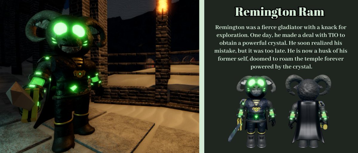 I'm thrilled to announce my submission to the Piggy skin contest, Remington Ram!
This skin includes custom-made models and meshes along with changing colors and particle effects! Please consider voting for Remington by using this link:
cont.st/DDfJnh_CTlVqlZ…

#PiggySkinContest