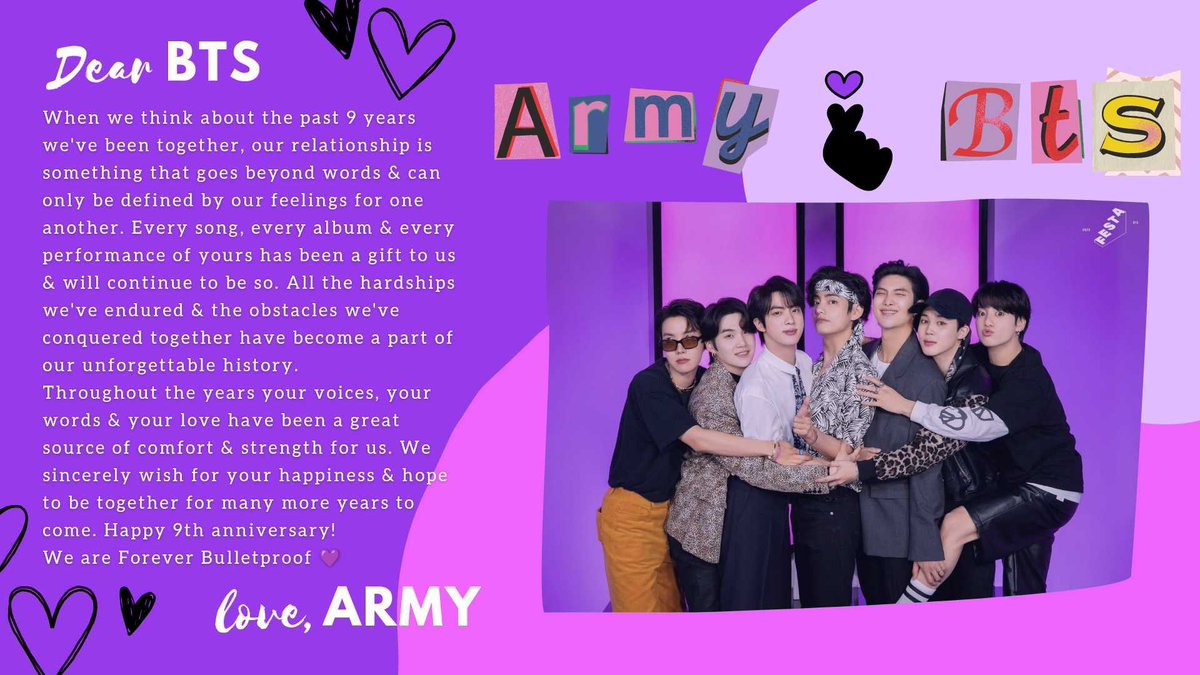 BTS_AHC's tweet photo. We've run together for 9 years, let's go for more! Thank you for everything @BTS_twt.

#BTS9thAnniversary 
#2022BTSFesta https://t.co/rZRz4DqlVZ