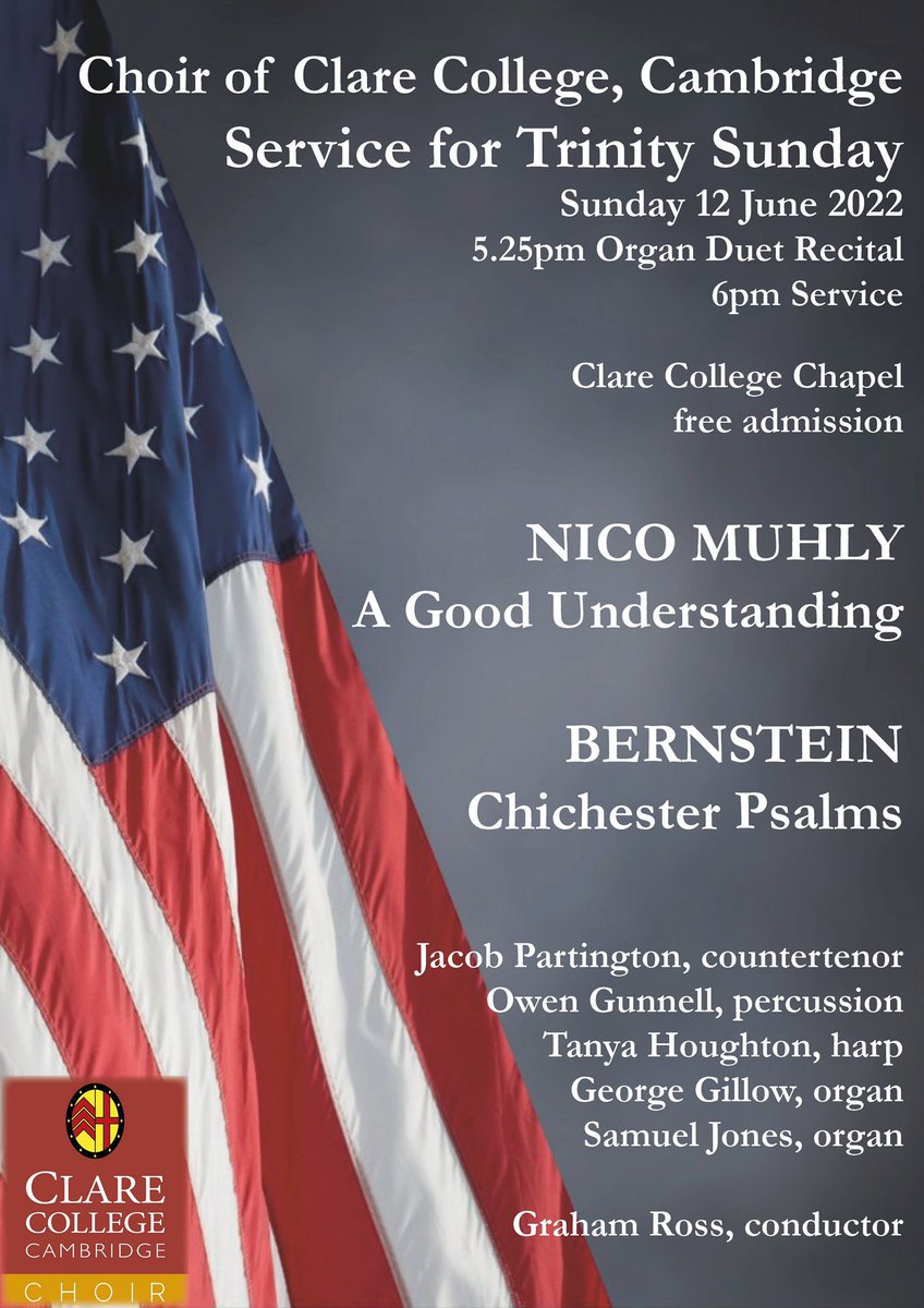 ClareChoir's tweet photo. Tomorrow, a special service for Trinity Sunday marking the end of the academic year.
Join us in person or online at https://t.co/7Y9xOzlaLd
#ClareCollege #ChoralEvensong #recital #service #LeonardBernstein #ChichesterPsalms #NicoMuhly #AGoodUnderstanding #GrahamRoss #endofyear https://t.co/6ISTXthANQ