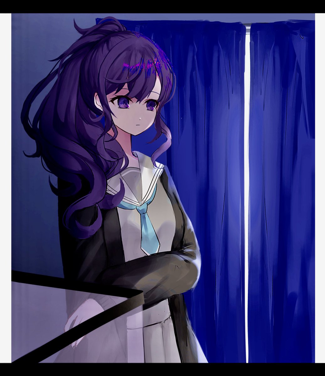 1girl solo purple hair school uniform purple eyes long hair sailor collar  illustration images