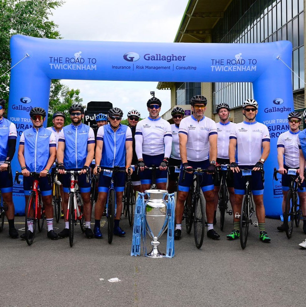GallagherUK's tweet photo. And they're off! 🚴‍♂️ Setting off from the home of @FalconsRugby, our core riders tackle 107 miles finishing in Skipton. 

Stay tuned to follow the ride, finishing at @Twickenhamstad for the #gallagherpremfinal

Thanks to our partners:
@TheTurmericCo
@thriftycars
@Nutrition_X https://t.co/LPMTUcsFUc