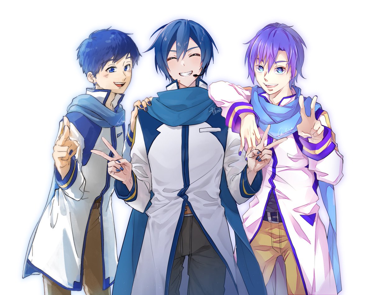 kaito (vocaloid) blue scarf v blue hair scarf male focus multiple boys blue eyes  illustration images