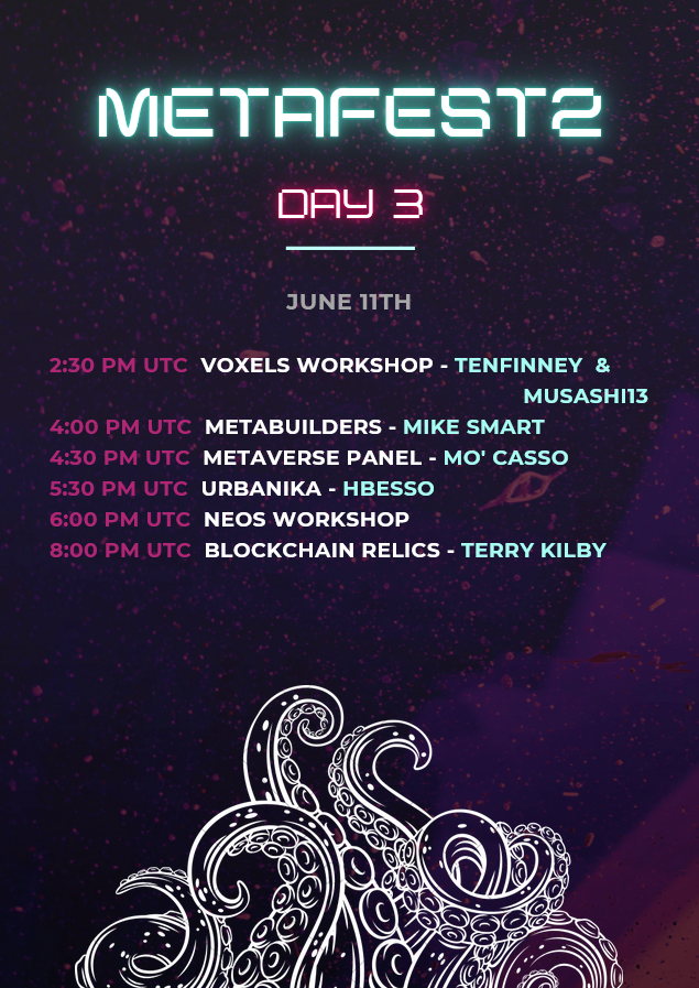 dawgctor's tweet image. MetaFam: Ready for day 3?
Starting in just over 5 hours with a @cryptovoxels workshop, followed by @meta_builders, another metaverse panel, @0xUrbanika by &amp;amp; for our solarpunks, a @neos_vr workshop &amp;amp; @terrykilby of Blockchain Relics.
Get ready 👇
…