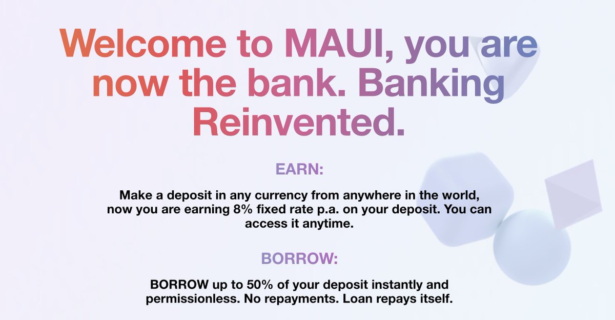 mauibank's tweet photo. Maui banking services is about to be launch! Be part of the banking evolution where you are the protagonist. Instant and permission-less loans, high yield accounts, no fees, cards for your digital assets and much more! #Maui #mauibank #investing #Investment #investmentideas https://t.co/cSNhAEM4gh