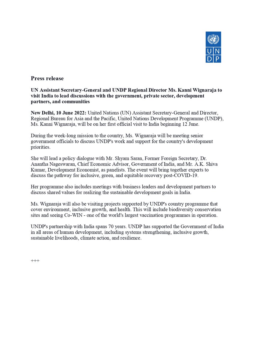 UNDP_India's tweet photo. @UNDP_India looks forward to welcome @UN Asst Secy General &amp; @UNDPasiapac Regional Director @Kanniwignaraja to 🇮🇳.
 
During the week-long mission, Ms. Wignaraja will meet key stakeholders to discuss @UNDP's support to achieve 🇮🇳's development priorities: https://t.co/4GASdEiq3F. https://t.co/6YugMRHDNd