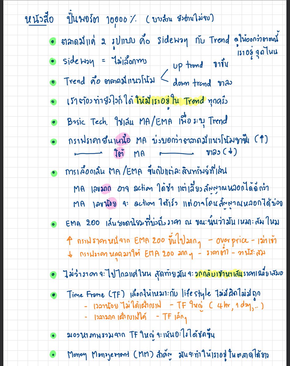 เป็นหนังสือที่อ่านเข้าใจง่าย เหมาะกับคนที่เพิ่งเข้าตลาดและคนที่อยู่ในตลาดมาได้ซักระยะ เป็นการมองหา trend แบบง่ายๆแต่ทรงประสิทธิภาพ โดยใช้การดูเส้น MA,EMA แบบเบสิคเลย

สรุปเฉพาะส่วนสำคัญ ยังอ่านไม่จบเลย 😅