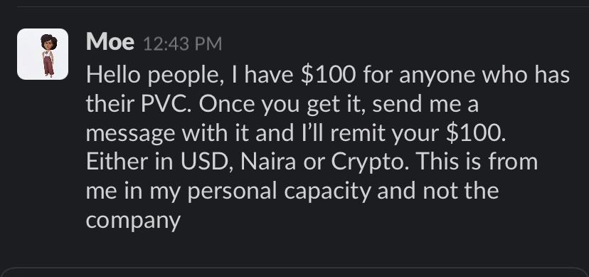 Mochievous's tweet photo. Slack announcement I made in my office today. It is not a lot but it is something. I’ll encourage CEOs and founders who care about the state of our nation to have a similar incentive program. We can all do something. #PVCDrive https://t.co/sugXNHAuan
