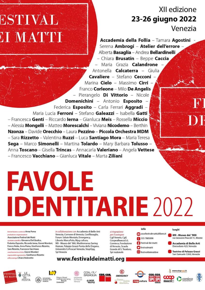 Sarà stupendo perciò memorizzate, bene tutti gli eventi, i luoghi, gli orari.

Favole identitarie dal 23 al 26 giugno 

Tutto a questo link (anche pdf scaricabile)

festivaldeimatti.org/programma-2022/