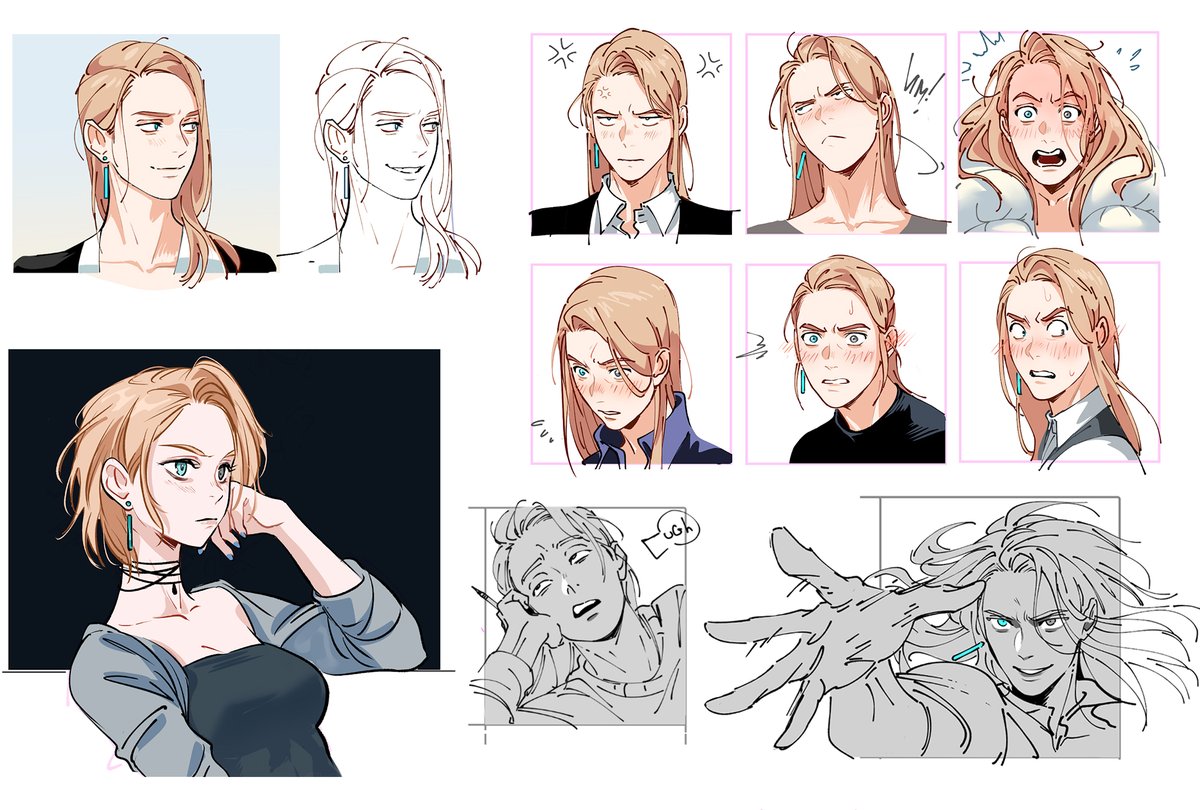On of my OC's - Kai. Some concepts, emotions, old test pages for comic and his fem version 😊 