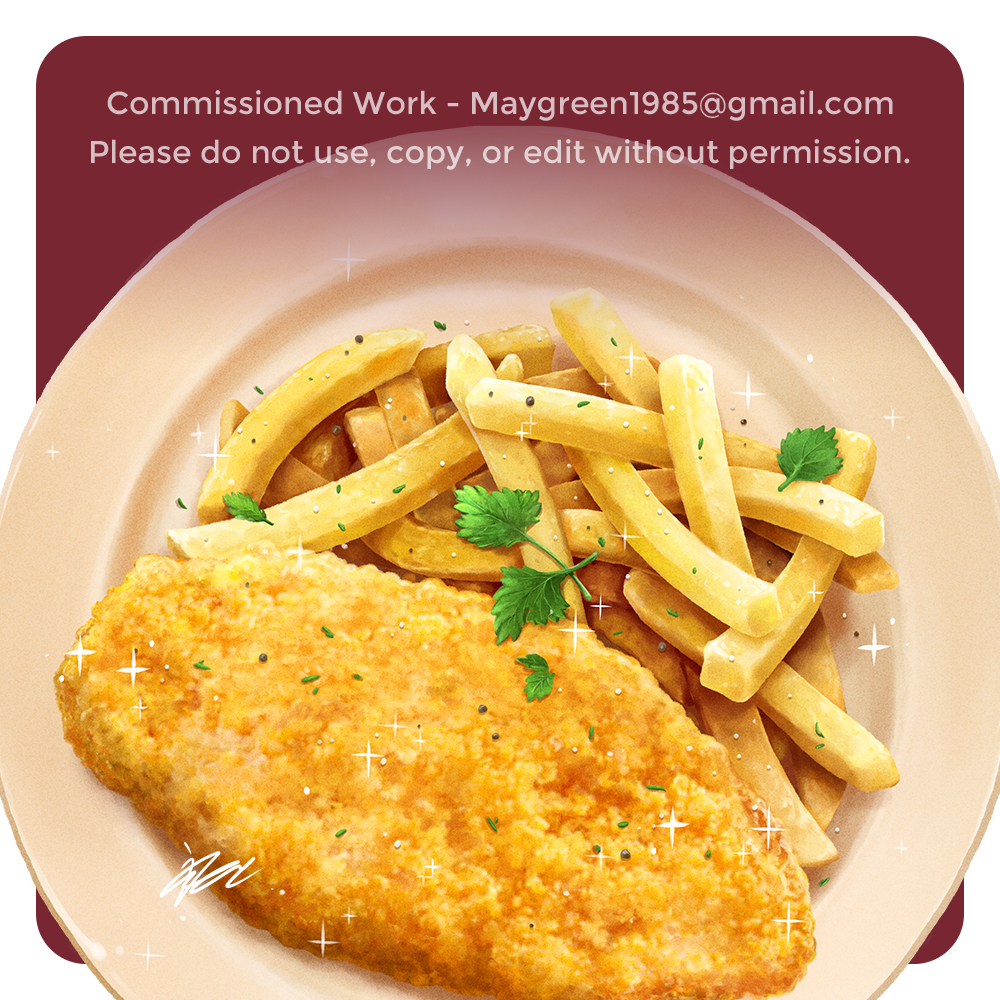 Chicken Schnitzel and Hot Chips done! \(^0^)/
I think I'm gonna rest a bit while being anxious with my life as usual before resuming my study. 😹

#chickenschnitzel #hotchips #foodillustration #commissionedillustration #commissionedwork
