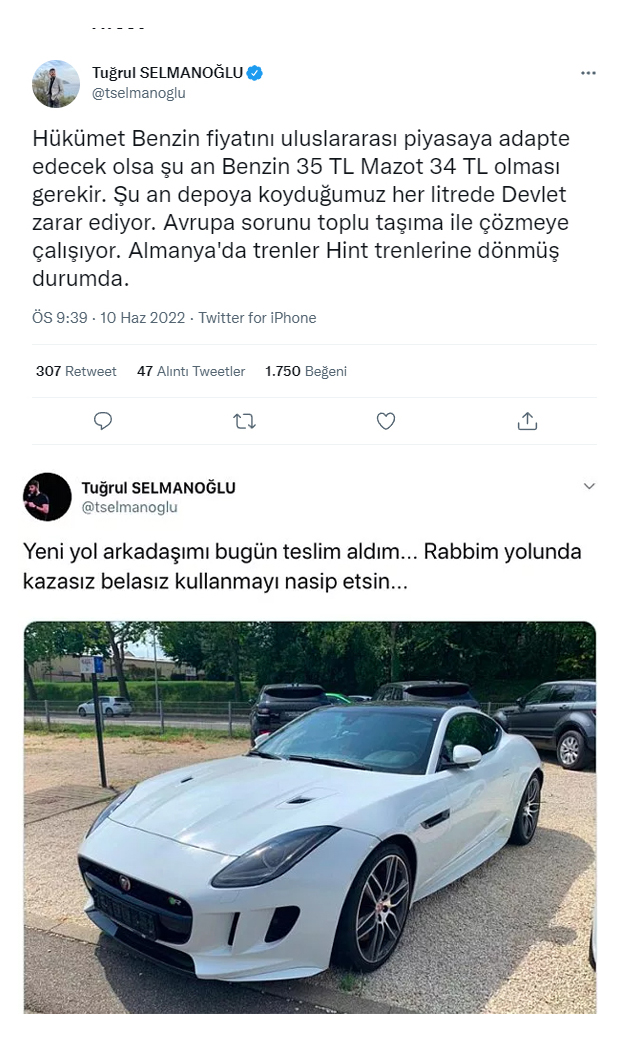 Almanya'da yaşa. Lüks araçlara bin. Sonra Türkiye'de 30 TL'ye benzin alıyoruz diye şükür etmemizi iste. Öylemi Tuğrul efendi. Türkiye'de ki maaşlarda uluslar arası piyasaya adapte edilsin ben Norveç ile aynı fiyattan benzin almaya razıyım.

#Benzine 2.18
#Dolar 10
#Mazot30