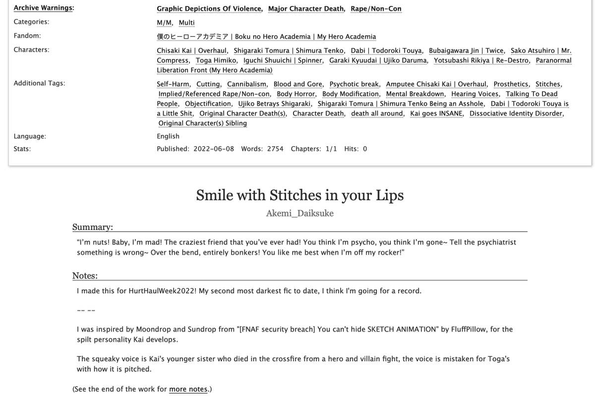 ADaiksuke's tweet photo. @hurthaulweek I present this to you!
I used, as follow: Stitches (self inflicted), starvation, is it body modification if you consented, mind break(?) Kai's UNHINGED- who can blame him, right?

Hurt Haul? But Haul bites back. I love Kai's revenge😈

https://t.co/x8SZoHJMgl https://t.co/PJt1LC1myx
