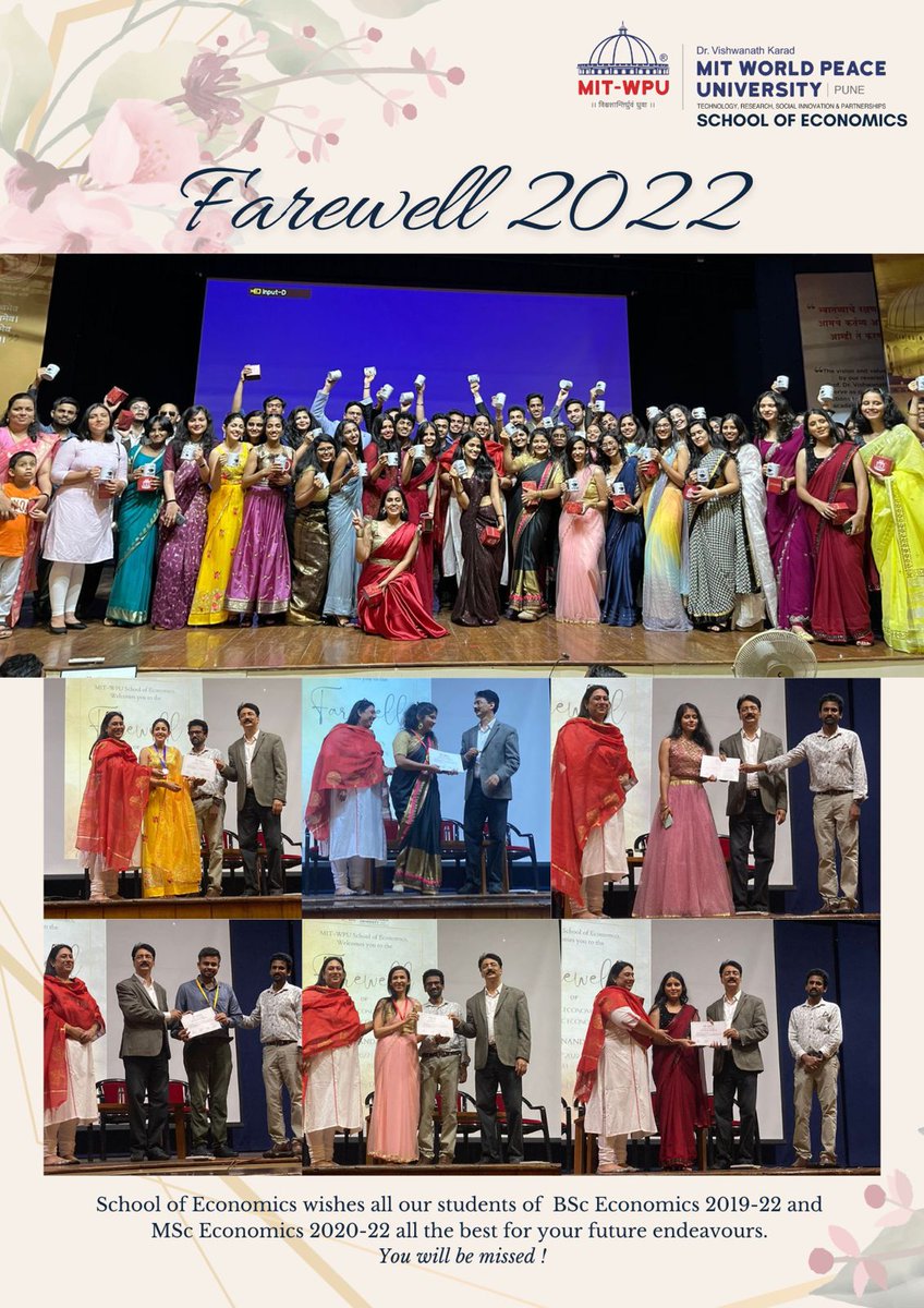 MIT WPU School of Economics wishes all our students of BSc. Economics 2019-22 and MSc. Economics 2020-22 all the very best for their future endeavours.
You'll be missed !!

#farewell #mitwpuschoolofeconomics
#mitwpu #college #collegelife #mitwpu