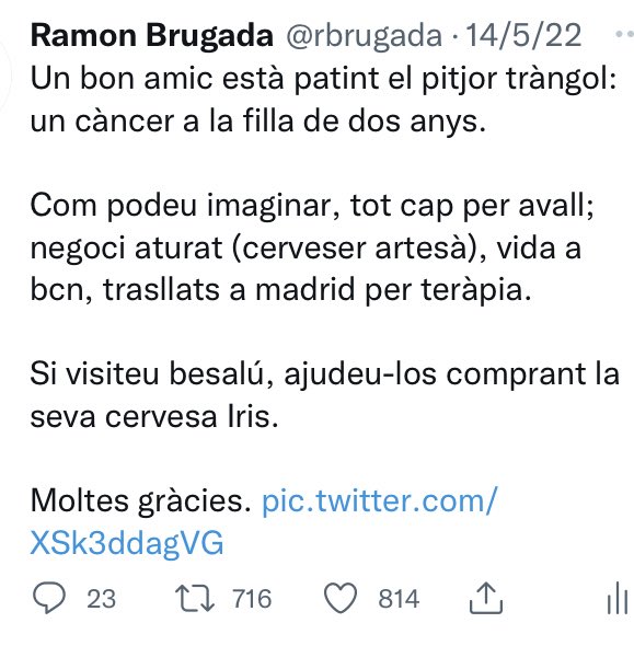 Ei, gent maca de tuiter. 
Recordeu el tuit de fa un mes sobre la cervesa solidària Iris? 
Us parlava d'uns amics de Besalú i de la seva petita Iris que està passant un procés oncològic.