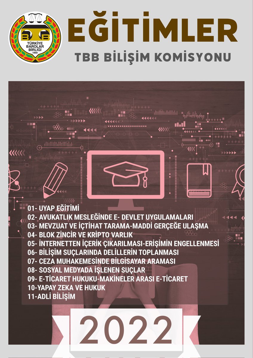TBBbilisim's tweet photo. Bilişim Komisyonu olarak bilişim alanında eğitimlere başlıyoruz. Eğitimler Baroların talebi üzerine barolarda yüz yüze yapılacaktır.

Ayrıntılı bilgi ve irtibat: https://t.co/pcB2l8Bogi https://t.co/zgaZX5Aye8