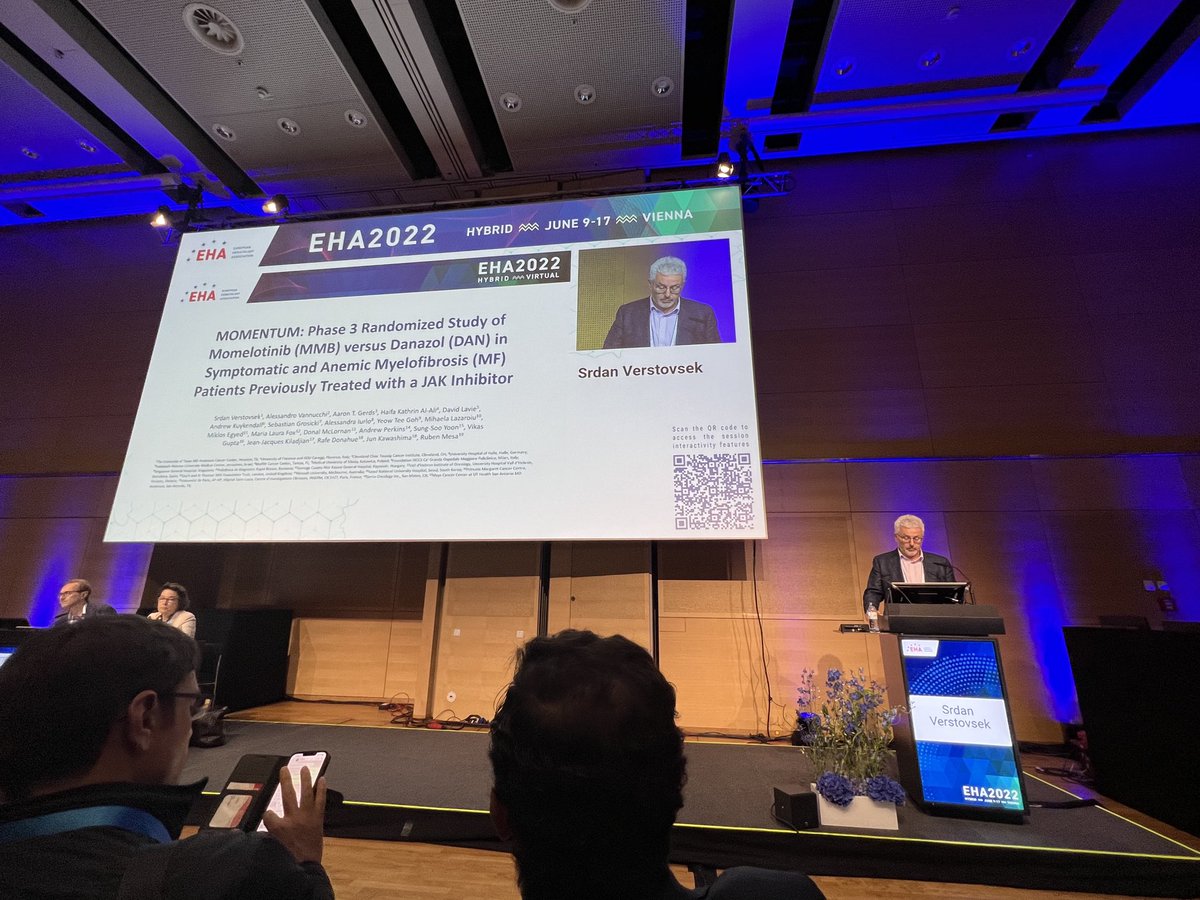 MPN Oral session off and running at #EHA22 presented by good friend and #MPNLegend #SergeVerstovsek ⁦@MDAndersonNews⁩ ! Momelotinib superior to Danazol for MF in 2L for symptoms, anemia and splenomegaly ⁦@EHA_Hematology⁩ ⁦@UTHealthSAMDA⁩ ⁦@harrisoncn1⁩