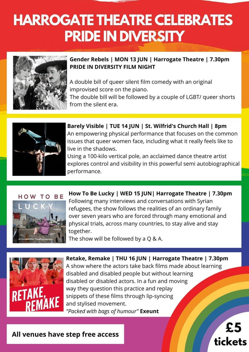 This #PrideMonth, check out the great events from <a href="/HGtheatre/">Harrogate Theatre</a> supporting <a href="/Pride_Diversity/">Pride in Diversity</a> - all tickets £5. 

Remember all bus fares £1 after 7pm every night! 

❤️🧡💛💚💙💜🖤🤍🤎