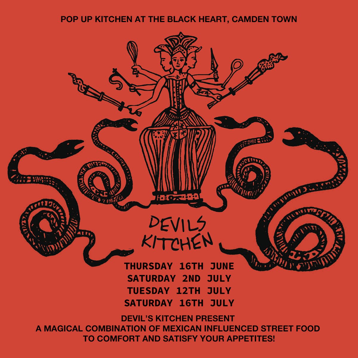 ** IT'S BACK ! ** We’re pumped to put out 4 upcoming special dates where the fabulous DEVIL'S KITCHEN will be popping-back-up in our bar, serving a delicious host of Mexican influenced street-food treats. Mark the dates and get on down for top eats, heavy music + banging beers