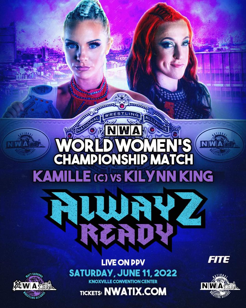 Tonight @nwa presents #AlwayzReady live from #Knoxville #Tennessee LIVE on @FiteTV

🔗 NWA All Access Pass + PPV on FITE! - bit.ly/alwayzready 

- Markova vs Valkyrie
- @AronsThoughts vs @TheRealTMurdoch 
- #NationalTitle Adonis vs Dax
- #WomensChampionship
Kamille vs King