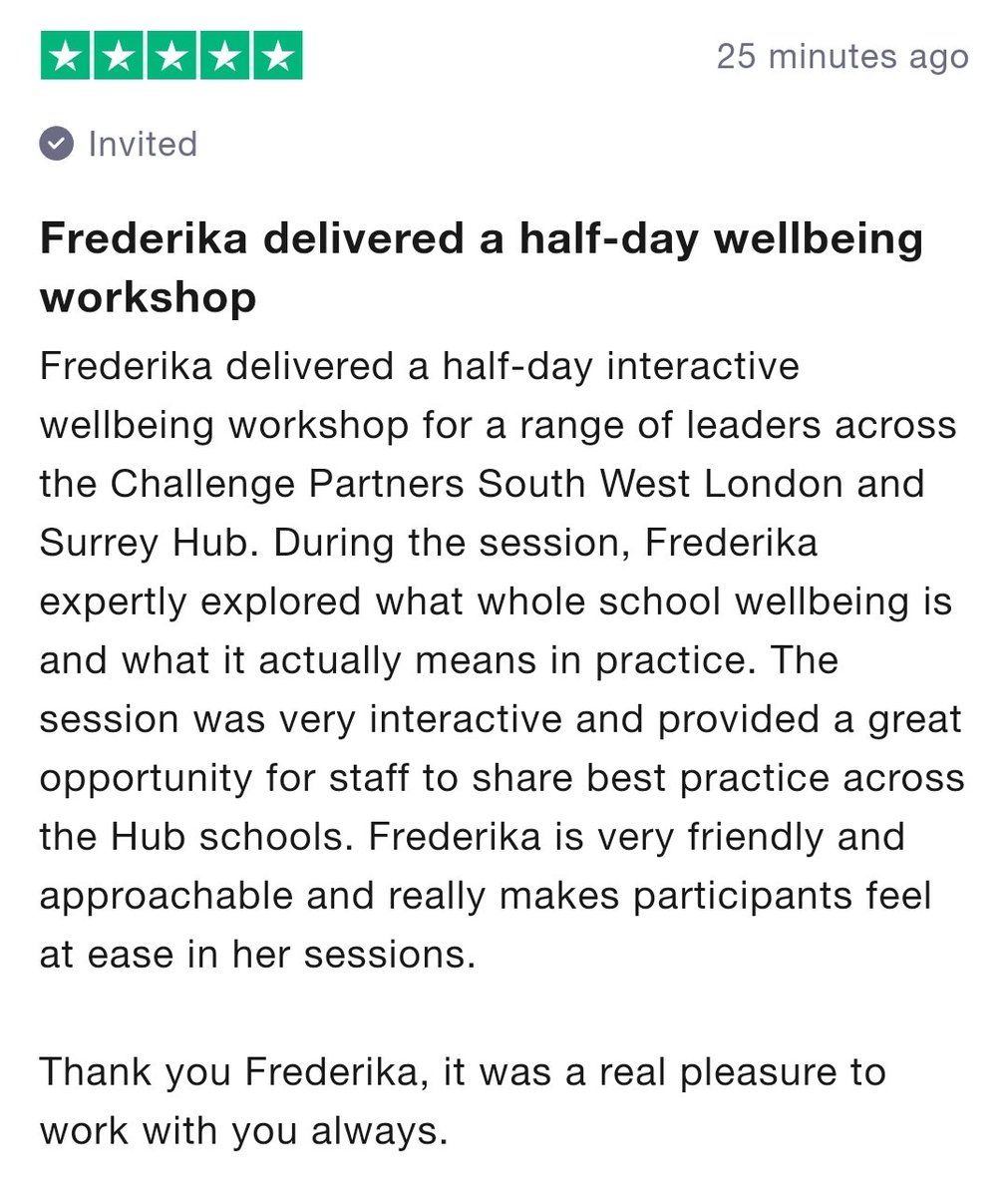 Another fab Trustpilot review, for our half day mini #AppreciativeInquiry workshop a couple of weeks ago. 

Thank you <a href="/LEOacademies/">LEO Academy Trust</a> <a href="/LEOtraining5/">LEO Training</a> <a href="/AmyCarlile01/">Amy Carlile FCCT</a> @ChallengePartnr South West London &amp; Surrey Hub <a href="/SuttonEdTrust/">Sutton Education Trust</a>

uk.trustpilot.com/reviews/62a43f…

#WholeSchoolWellbeing #eduCPD