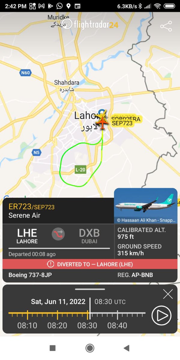 TahoorNaik's tweet photo. Today we have observed emergency landing of serene air flight #ER723 from #Lahore to #Dubai returning back due to #birdsstrike 
Good job done by the pilot that he safely landed the plane &amp; all the support from ground and ATC.
#Uniqueflights 

@SereneAirPak https://t.co/aThFji7vqr