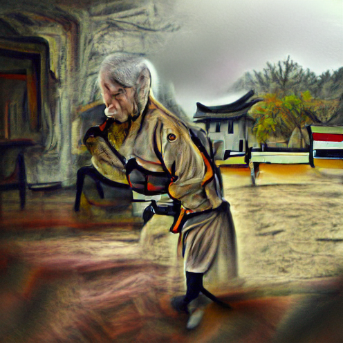 O_T_Human's tweet photo. Warm grey colors picture of an elderly martial artist in a historical setting (#EIGD) #art #artist #artwork #nft #nfts #nftcollector https://t.co/m2BvHdBpwW