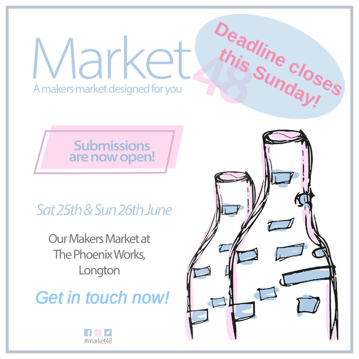 _Market48_'s tweet photo. Don't for forget our submissions close this Sunday!
Send us a message if you're interested and we'll respond asap as all beings well our technical difficulties are sorted 😄
#market48 
#market #makersmarket #indipendent #stallholders #events #supportlocal #shoplocal #outdoors https://t.co/p00y77YOEF